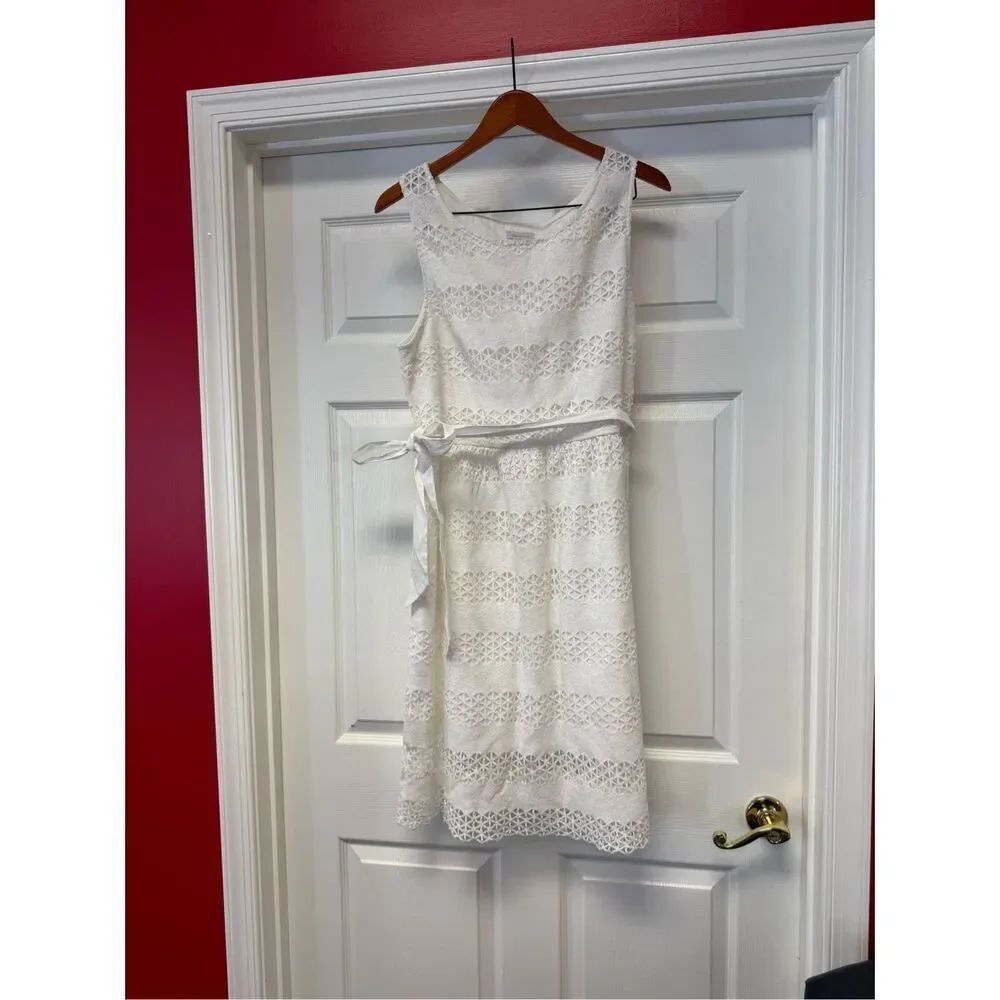 Garnet Hill White Lacey Ribbon Tie Belted Sleeveless Dress sz 16 EUC